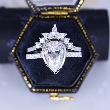 3 Carat Pear Moissanite Halo V Shaped Engagement Ring Eternity Ring Set