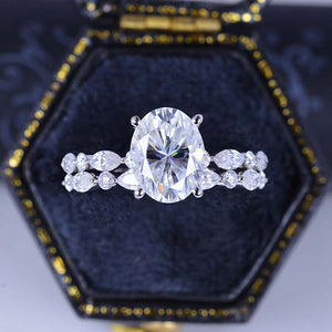 14K White Gold 2 Carat Oval Moissanite Vintage Engagement Ring, Eternity Ring Set