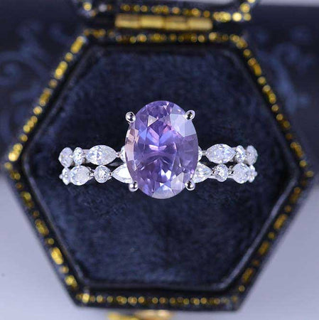 14K White Gold 2 Carat Oval Purple Sapphire Vintage Engagement Ring, Eternity Ring Set