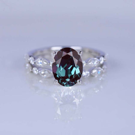 14K White Gold 2 Carat Oval Alexandrite Vintage Engagement Ring, Eternity Ring Set