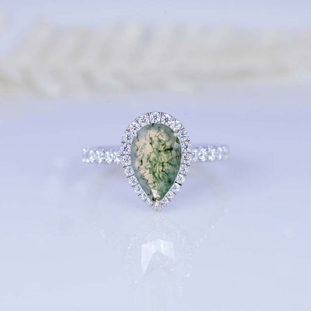 14K Solid White Gold 3 Carat Halo Pear Cut Genuine Moss Agate Ring