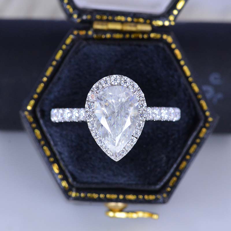 14K Solid White Gold 3 Carat Halo Pear Cut Moissanite Ring