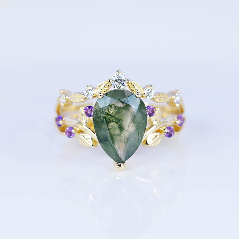 3 Carat Pear Genuine Moss Agate Halo Floral Engagement Ring 14K White Gold Ring Set