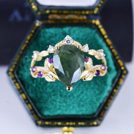 3 Carat Pear Genuine Moss Agate Halo Floral Engagement Ring 14K White Gold Ring Set