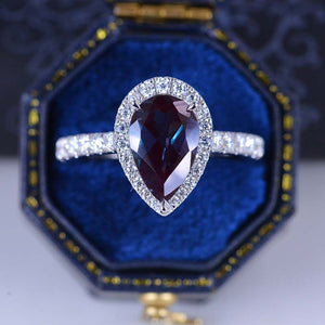 14K Solid White Gold 3 Carat Halo Pear Cut Alexandrite Ring