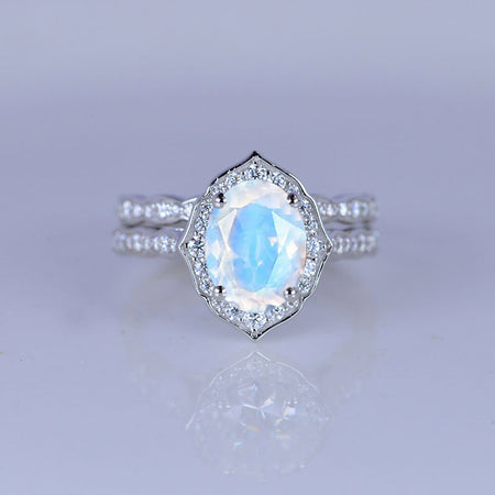 14K Solid Gold Ring 1.5CT Oval Genuine Moonstone Wedding Ring Genuine Moonstone Halo Engagement Ring Anniversary Promise Eternity Gold Ring Set