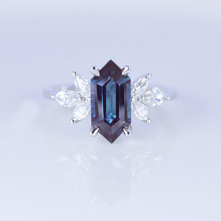 14K White Gold 3 Carat Hexagon Alexandrite Cluster Engagement Ring