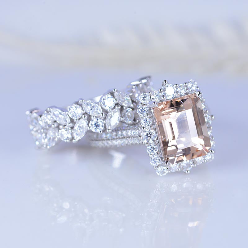 4Ct Genuine Peach Morganite Engagement Ring Halo Emerald Cut Moissanite Engagement Ring, 10x8mm Radiant Cut Moissanite Engagement Ring with Eternity Band