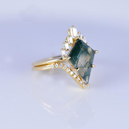 14K Gold 4 Carat Kite Genuine Moss Agate Halo Engagement Ring, Eternity Ring Set