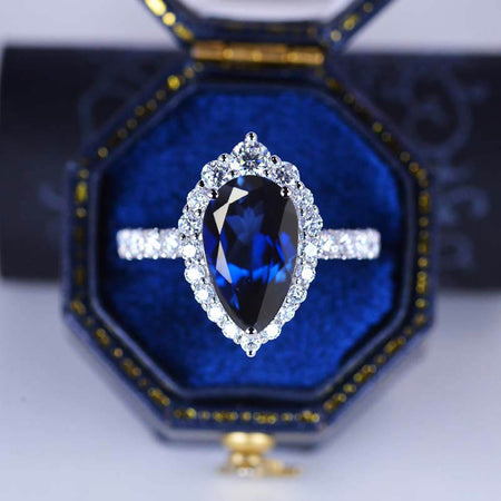 3 Carat Pear Cut Halo Blue Sapphire 14K White Gold Ring