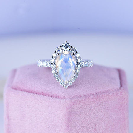 3 Carat Pear Cut Halo Genuine Moonstone 14K White Gold Ring