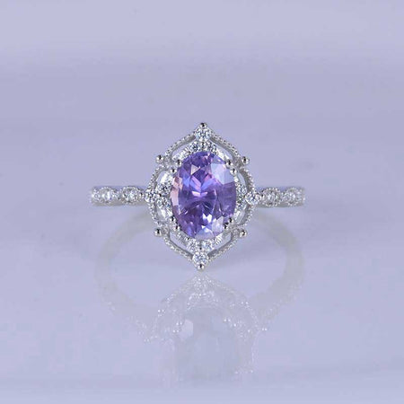 2 Carat Oval Purple Sapphire Halo Vintage Engagement Ring