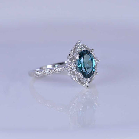 1.5 Carat Oval Teal Sapphire Halo Vintage Engagement Ring
