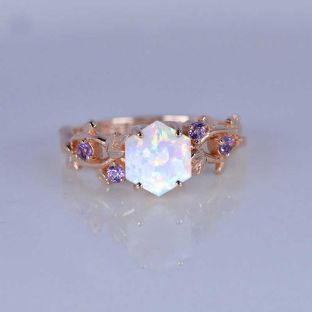 3 Carat Hexagon Genuine Natural Genuine White Opal Floral 14K Rose Gold Engagement Ring