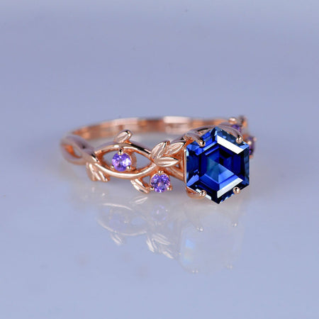 3 Carat Hexagon Blue Sapphire Floral 14K Rose Gold Engagement Ring