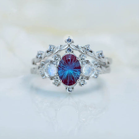 1 Carat Oval Fireworks Cut Alexandrite Halo 14K White Gold Floral Engagement Ring Set
