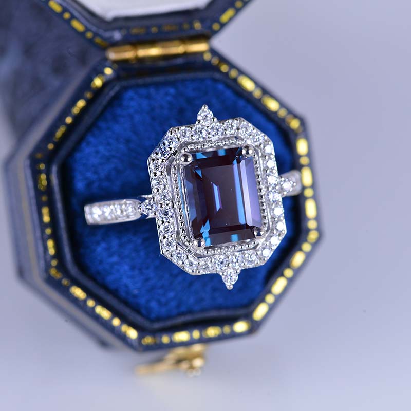 3Ct Emerald Cut Halo Alexandrite Ring, Alexandrite Ring, Alexandrite E ...