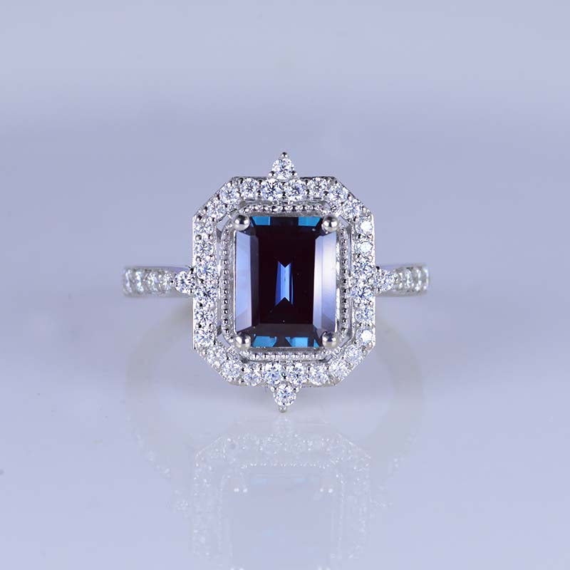 3Ct Emerald Cut Halo Alexandrite Ring, Alexandrite Ring, Alexandrite Emerald Cut Vintage Style Ring