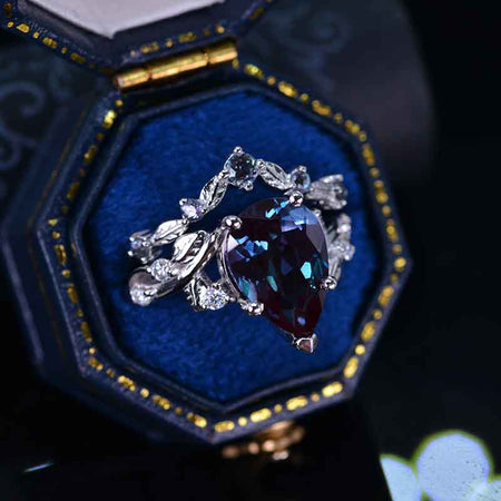 3 Carat Pear Alexandrite Halo Floral Engagement Ring 14K White Gold Ring Set