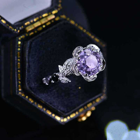1.5 Carat Round Black Purple Sapphire Floral Halo Engagement Ring