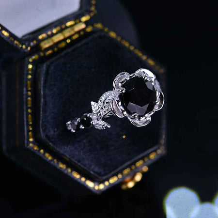 1.5 Carat Round Black Moissanite Floral Halo Engagement Ring