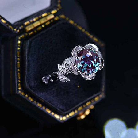 1.5 Carat Round Black Alexandrite Floral Halo Engagement Ring