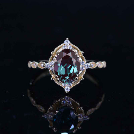 2 Carat Oval Alexandrite Halo Vintage Yellow Gold Engagement Ring