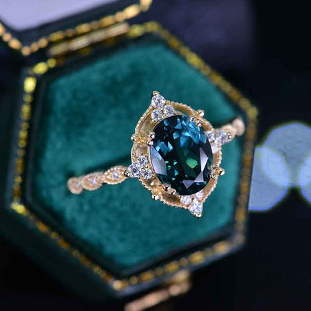 2 Carat Oval Teal sapphire Halo Vintage Engagement Ring