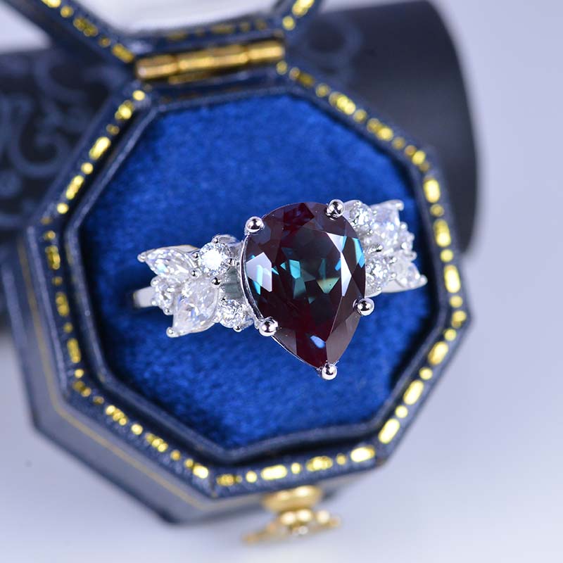 3 Carat Pear Alexandrite Cluster 14K White Gold Engagement Eternity Ring