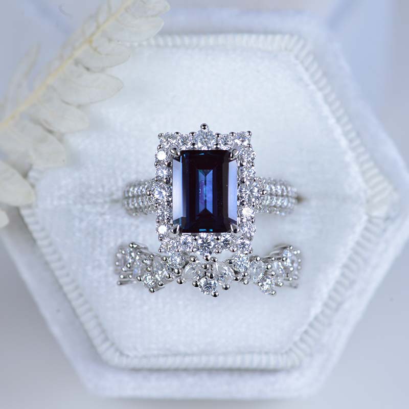 2Ct Alexandrite Engagement Ring Halo Emerald Cut Alexandrite Engagemen ...