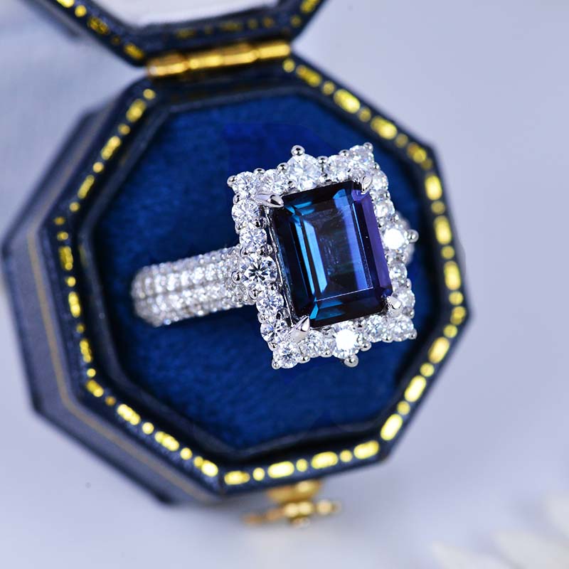 2Ct Alexandrite Engagement Ring Halo Emerald Cut Alexandrite Engagemen ...