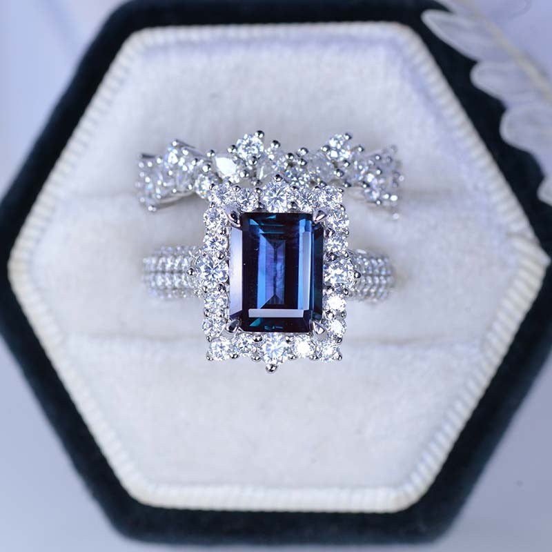 2Ct Alexandrite Engagement Ring Halo Emerald Cut Alexandrite Engagemen ...