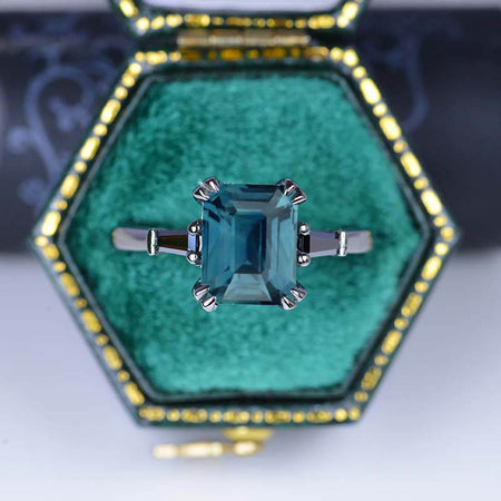 3Ct Emerald Cut Teal Sapphire Ring, Vintage Natural Teal Sapphire Ring, Emerald Cut Vintage Ring