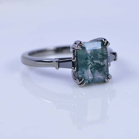 3Ct Emerald Cut Moss Agate Ring, Vintage Natural Moss Agate Ring, Emerald Cut Vintage Ring