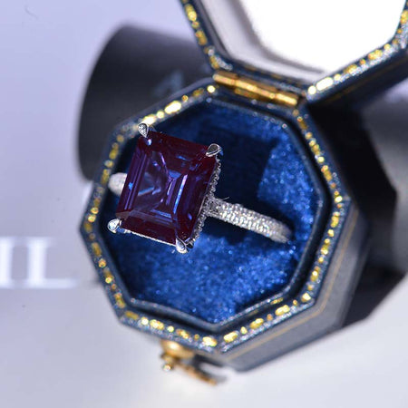 5 Carat Giliarto Emerald Cut Alexandrite Hidden Halo Engagement White Gold Ring