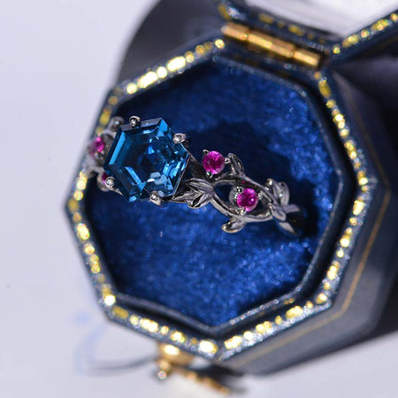 3 Carat Hexagon Blue Topaz Floral 14K Black Gold Engagement Ring