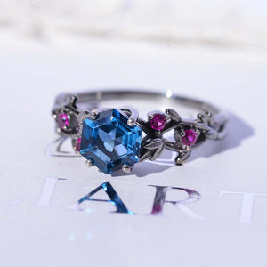 3 Carat Hexagon Blue Topaz Floral 14K Black Gold Engagement Ring