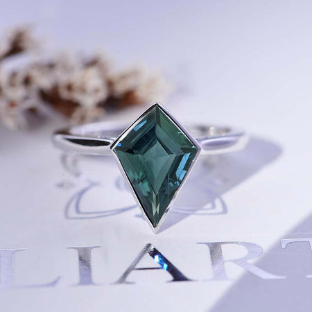 3 Carat Kite Teal Sapphire Bezel Solitaire Engagement Platinum Ring