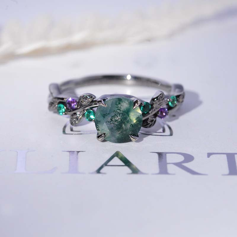 Genuine Moss Agate Floral Black Gold Engagement Ring - Giliarto