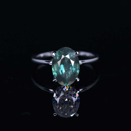 3 Carat Oval Cut Teal Sapphire Ring, Hidden Halo Gold Engagement Ring