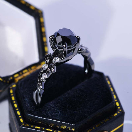2 Carat Round Brilliant Cut Black Moissanite Floral Black Gold Engagement Ring