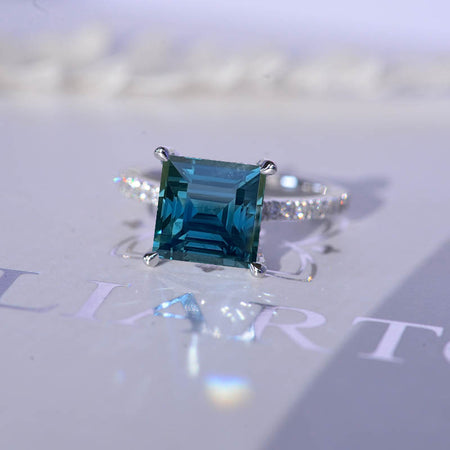 3 Carat Princess Cut Teal Sapphire Hidden Halo Gold Engagement Ring