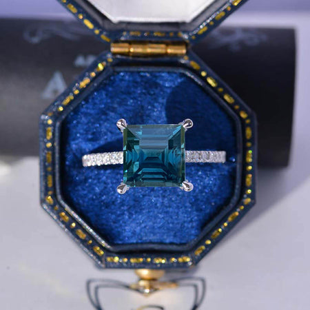 3 Carat Princess Cut Teal Sapphire Hidden Halo Gold Engagement Ring