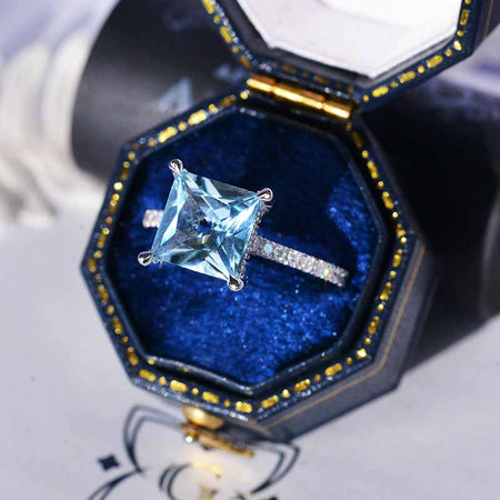 3 Carat Princess Cut Aquamarine  Hidden Halo Gold Engagement Ring