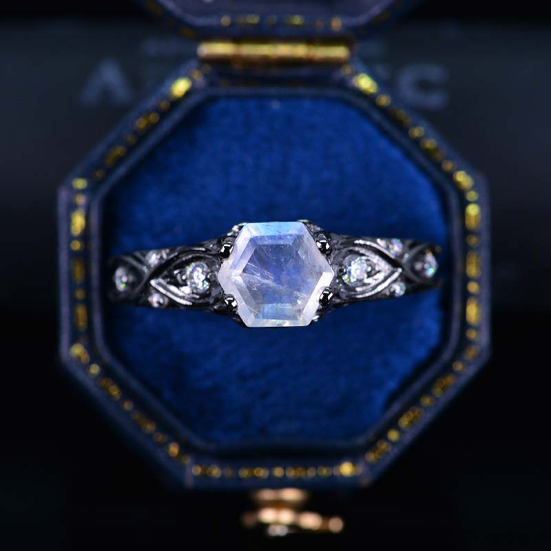 14K Black Gold Hexagon Moonstone Celtic Engagement Ring