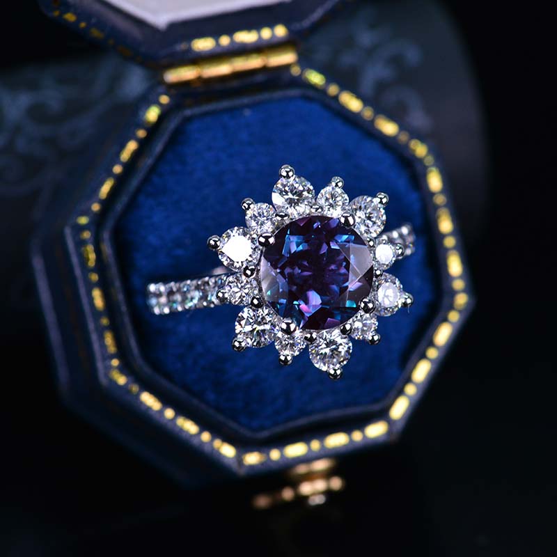 2 Carat Round Alexandrite Snowflake Halo Engagement Ring. Victorian 14K White Gold Ring