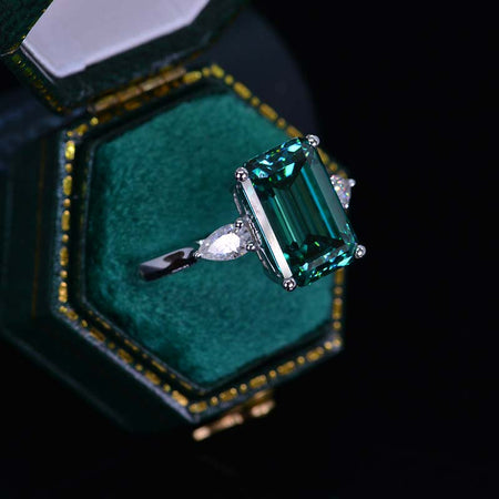 4 Carat Giliarto Elongated Emerald Cut Green Moissanite Gold Engagement Ring