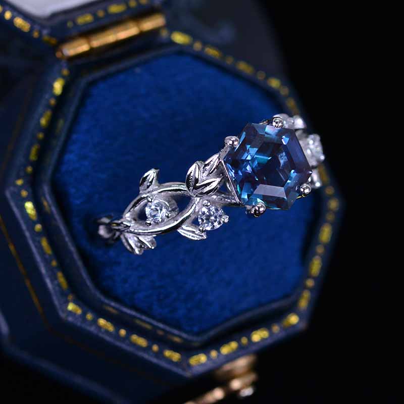 3 Carat Hexagon Alexandrite Floral 14K White Gold Engagement Ring