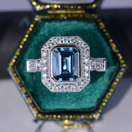 v3 Carat Vintage Style Emerald Cut Teal Sapphire White Gold Engagement Ring