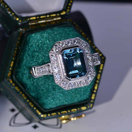 v3 Carat Vintage Style Emerald Cut Teal Sapphire White Gold Engagement Ring